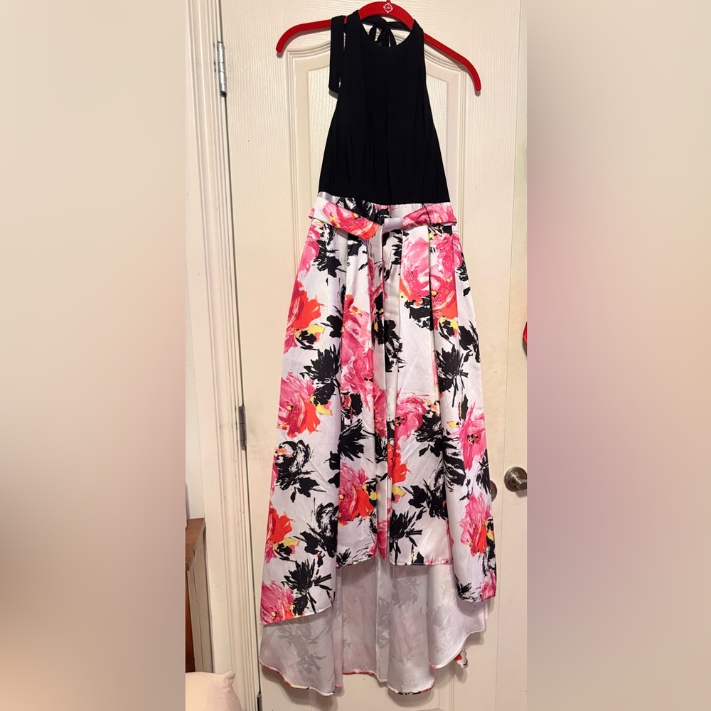 Leslie Fay Pink and Black Floral Halter Backless Formal Gown